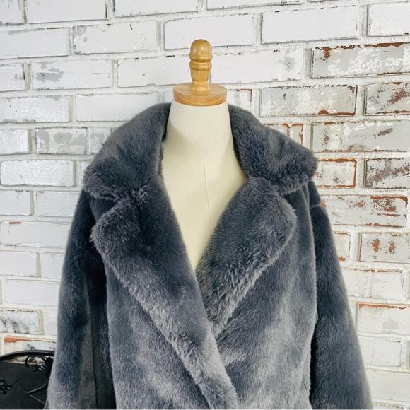 Grey Luxury Faux Fur Fall Winter Trending Street Style Long Coat Jacket Size Lg - Picture 2 of 9